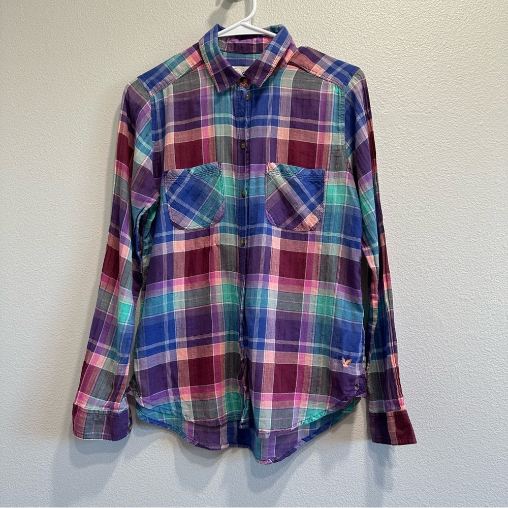 American Eagle Vintage Boyfriend women’s small Multicolor Plaid Shirt,light